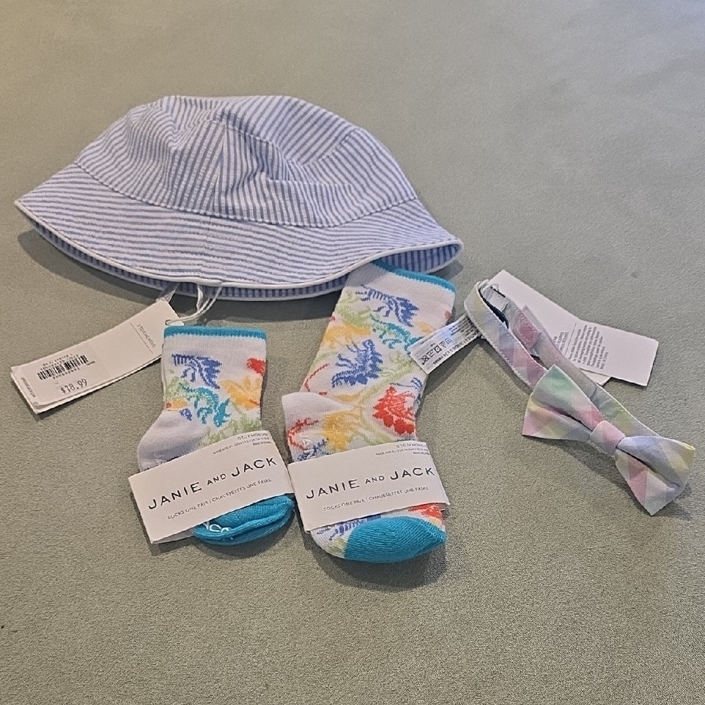 Janie and Jack Striped Hat, Floral Socks, and Pastel Bow Tie Set